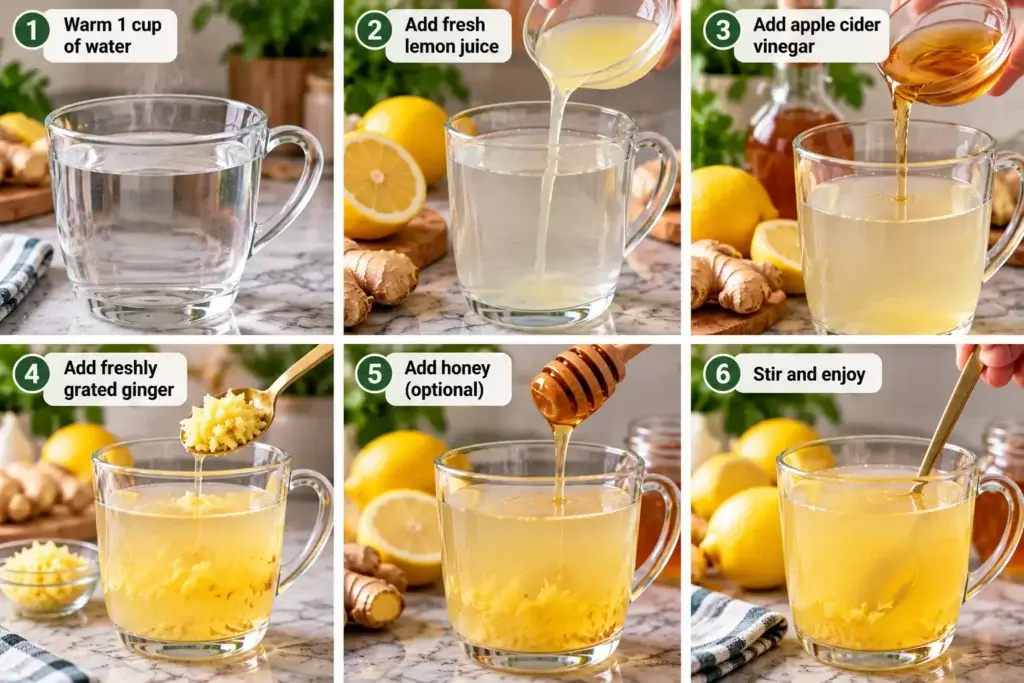 Preparing lemon ginger apple cider vinegar drink with warm water
