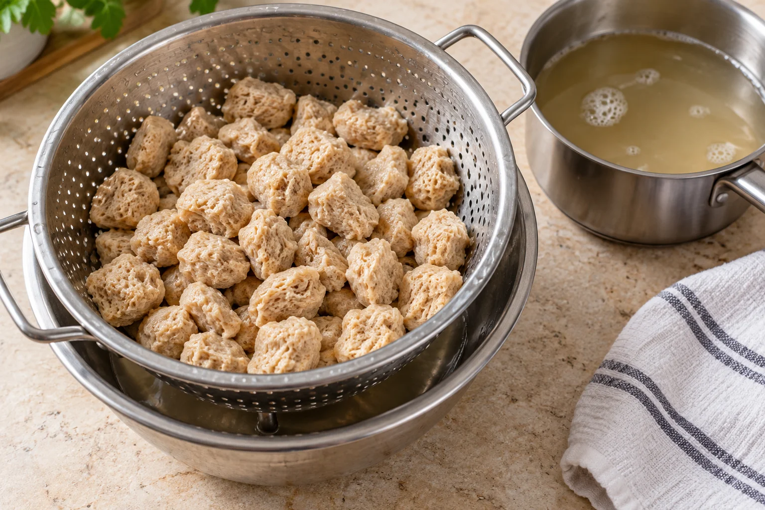 Hydrated soya chunks draining in a colander beside a saucepan
