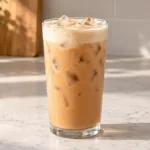 Iced banana bread chai in a clear glass topped with softly aerated brown sugar cream foam