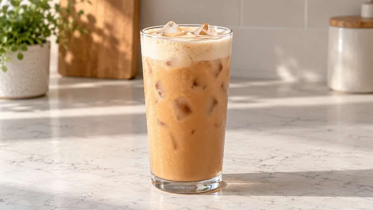 Iced banana bread chai in a clear glass topped with softly aerated brown sugar cream foam