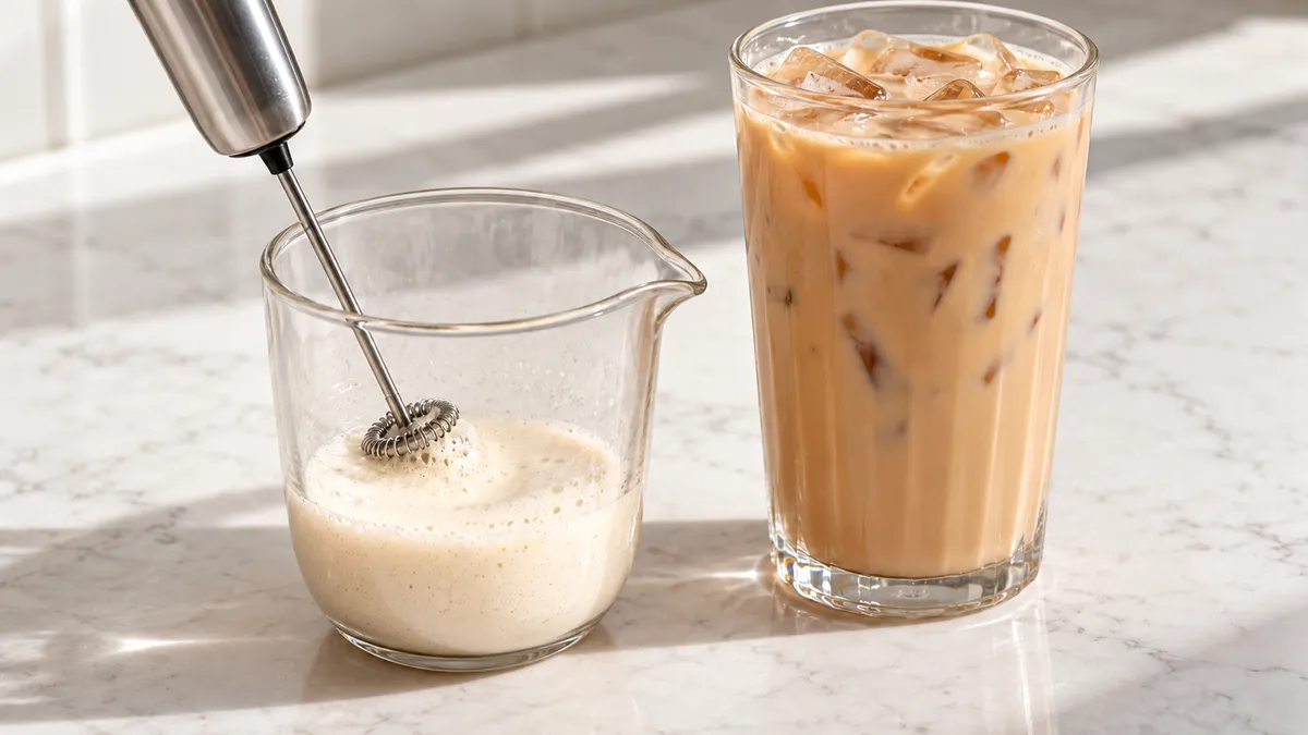Handheld frother aerating a small portion of pale cream foam beside an iced chai