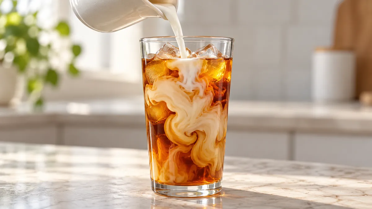 Cold milk poured into chai and banana syrup over ice in a clear glass