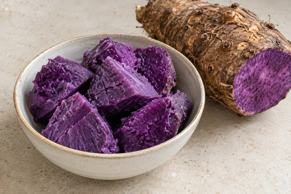 Plain cooked purple yam pieces in a bowl beside a cut ube tuber
