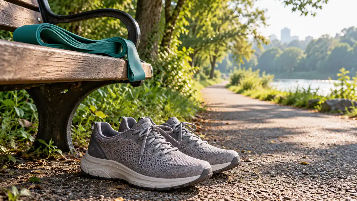 Walking shoes and a resistance band beside a park path