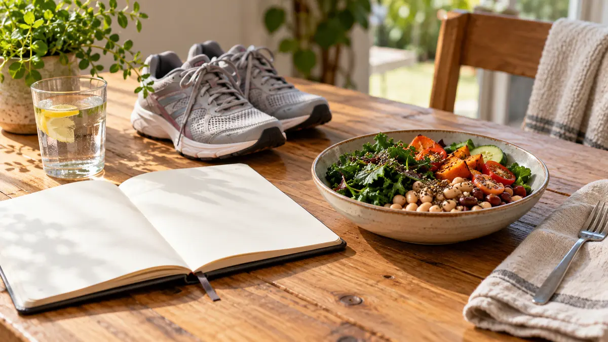 Vegetable and bean lunch, blank notebook and walking shoes on a table