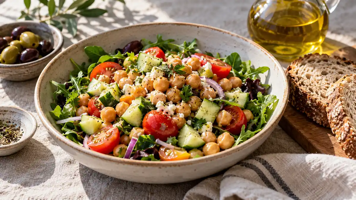 Chickpea salad with tomatoes, cucumber and whole-grain bread