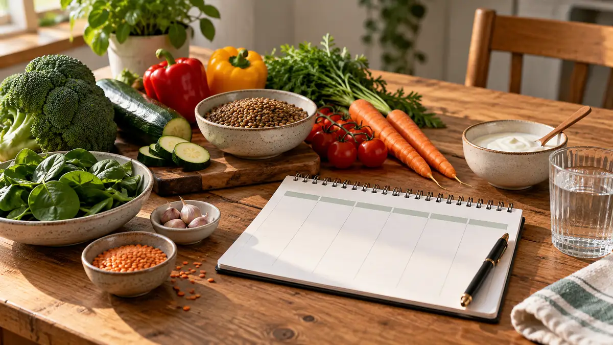 Blank meal planner with vegetables, lentils, yogurt and water