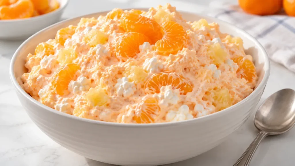 Mandarin orange jello salad with cottage cheese, whipped topping and pineapple in a white bowl