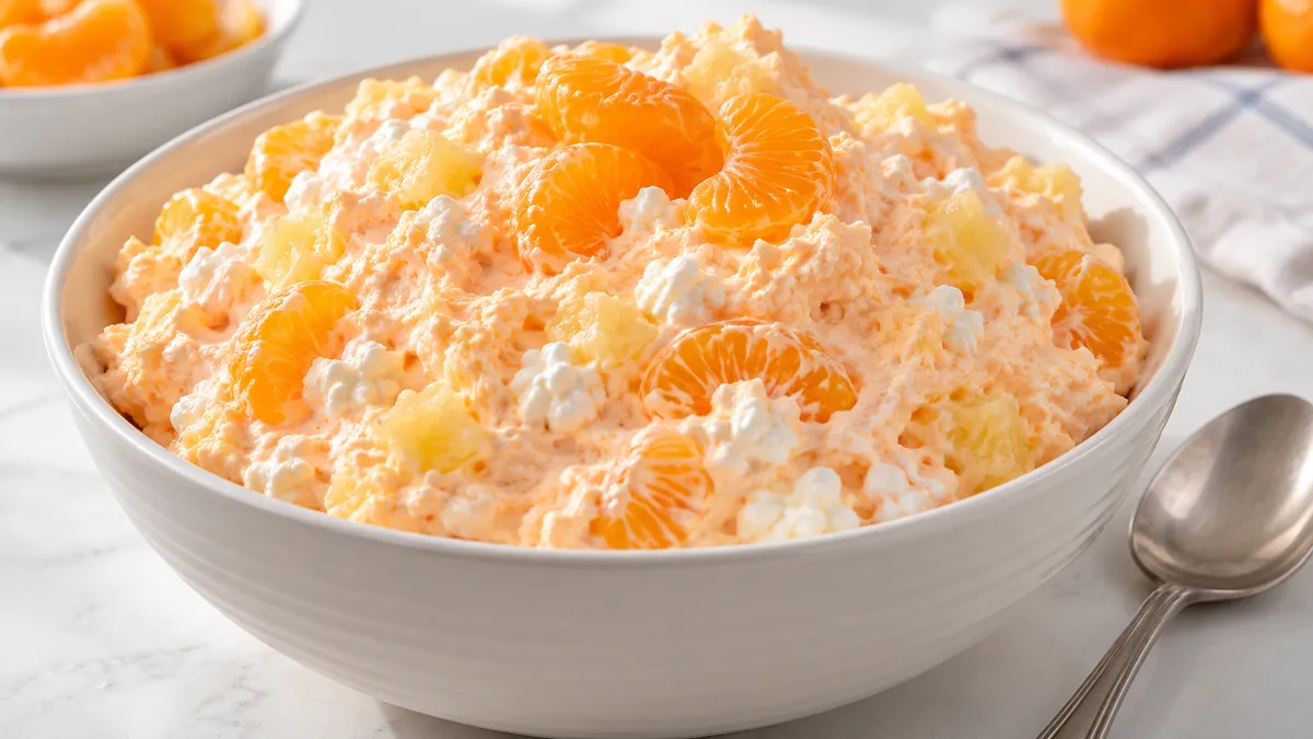 Mandarin orange jello salad with cottage cheese, whipped topping and pineapple in a white bowl