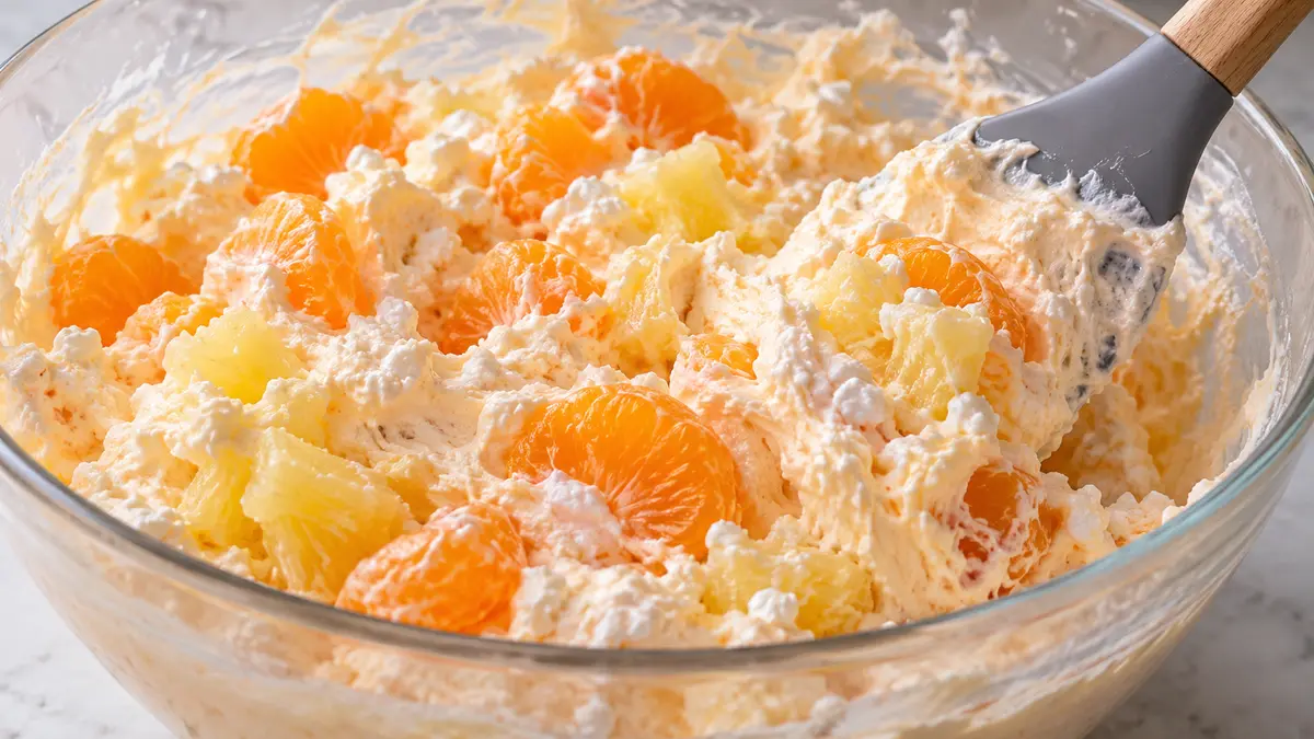 Mandarin segments and crushed pineapple folded into fluffy orange cottage cheese salad