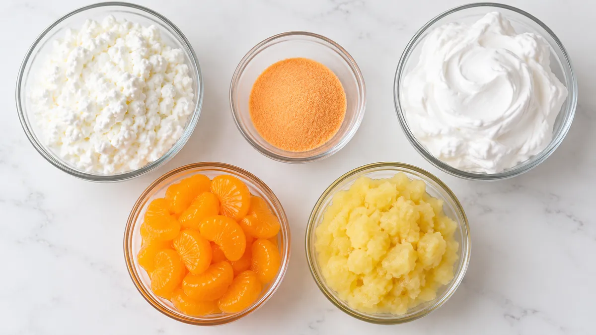 Five bowls with cottage cheese, dry orange gelatin, whipped topping, drained mandarins and crushed pineapple