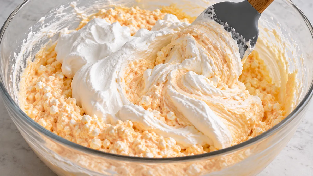 Spatula folding white whipped topping into pale orange cottage cheese mixture