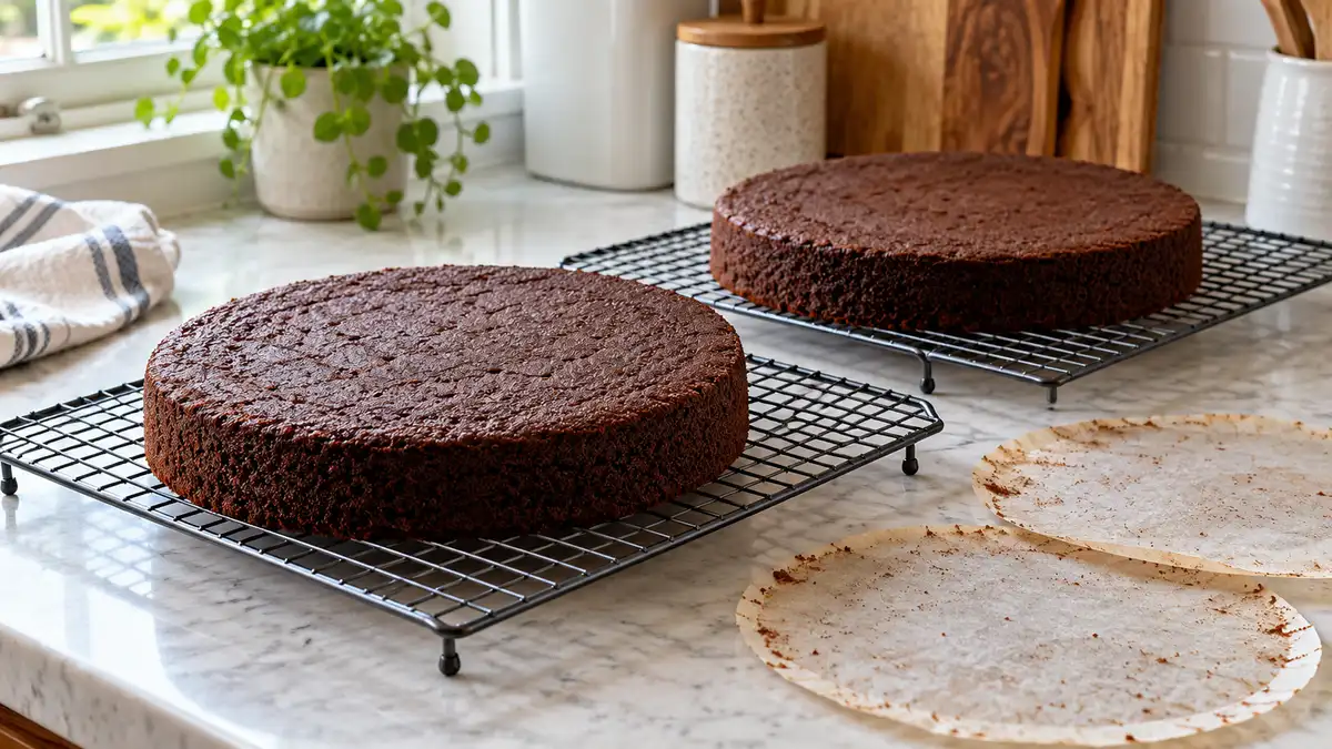 Two unfrosted chocolate cake layers cooling separately on wire racks
