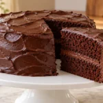 Two-layer Matilda cake with chocolate ganache and a cut slice showing one filling layer