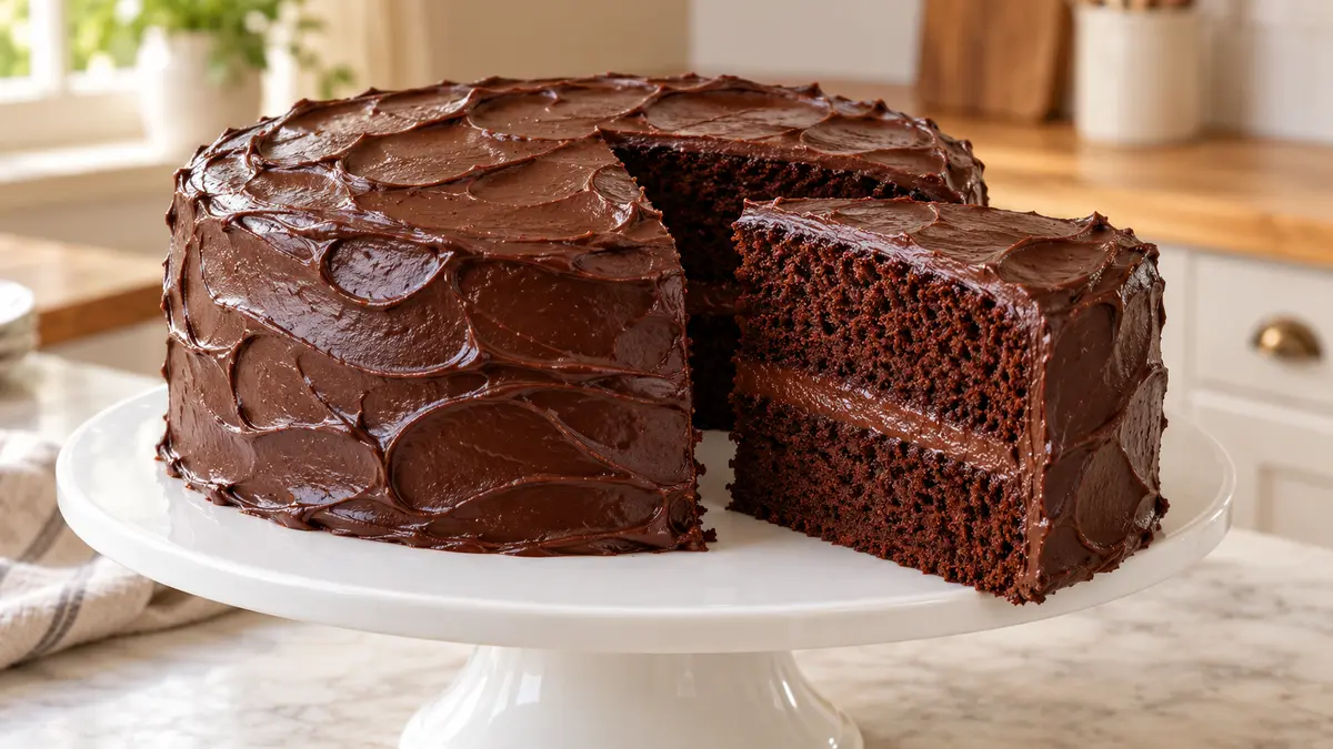Two-layer Matilda cake with chocolate ganache and a cut slice showing one filling layer