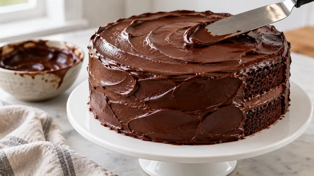 Offset spatula spreading thick chocolate ganache over a two-layer Matilda cake