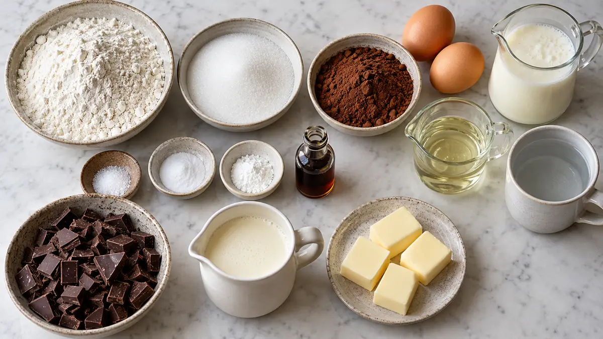 Ingredients for Matilda cake including cocoa, flour, sugar, eggs, buttermilk, oil, chocolate, cream and butter