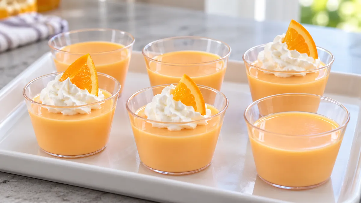 Pale orange creamsicle jello shots in small cups with optional whipped cream and orange garnish