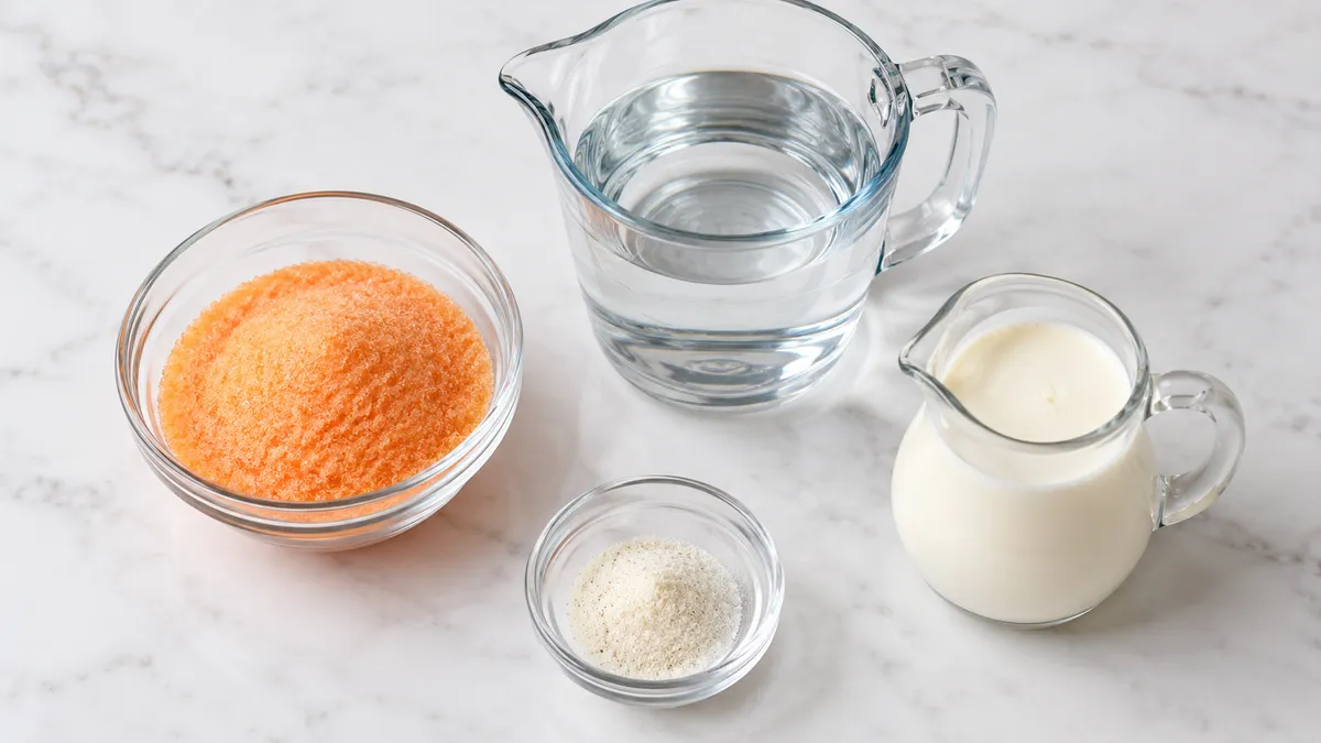 Orange gelatin powder, water, heavy cream and vanilla powder arranged on a counter