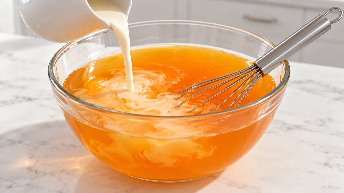 Cream pouring into cooled liquid orange gelatin in a heatproof mixing bowl