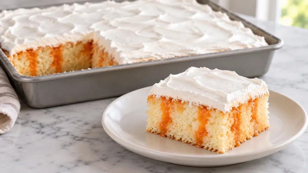 Orange jello poke cake square with orange streaks through vanilla crumb and white whipped topping