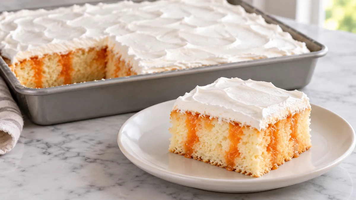 Orange jello poke cake square with orange streaks through vanilla crumb and white whipped topping