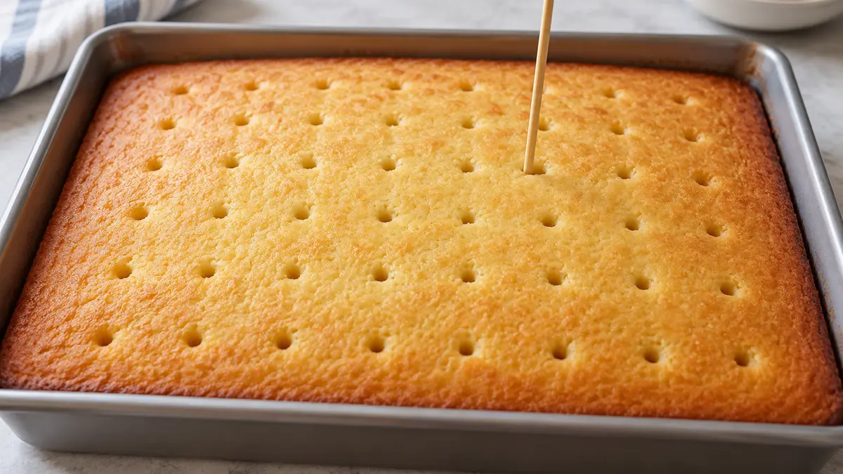 Narrow evenly spaced holes made with a skewer in a baked vanilla sheet cake