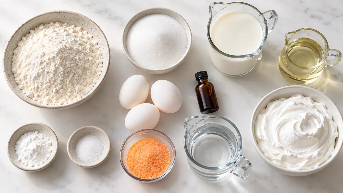 Vanilla cake ingredients with orange gelatin powder, water and whipped topping