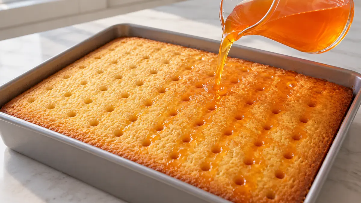 Liquid orange gelatin poured gradually over a pierced vanilla sheet cake