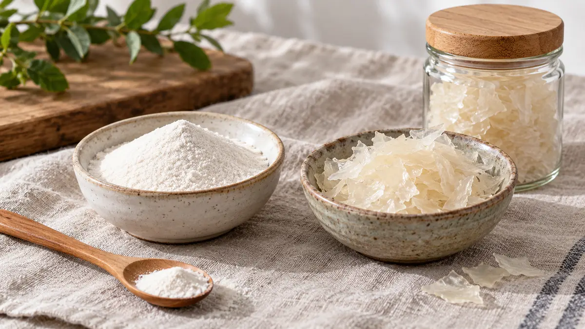 Illustration of agar powder and flakes in small bowls with a wooden spoon