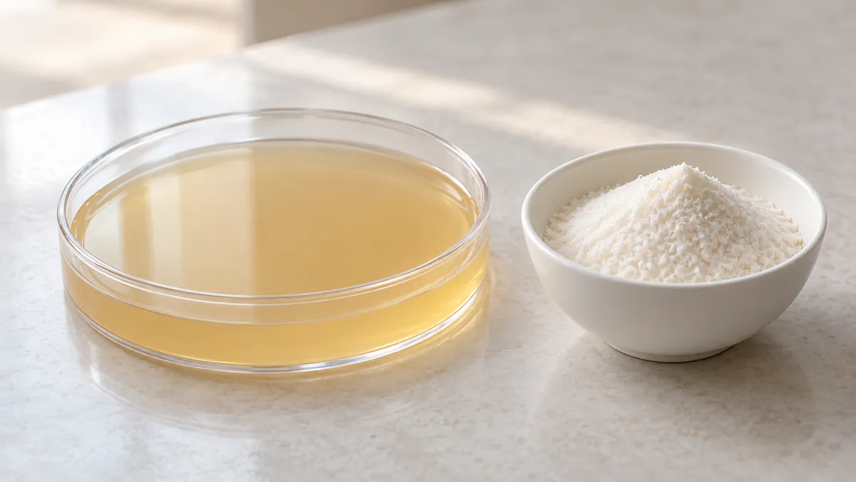 Illustration of a closed Petri dish with a smooth gel layer beside agar powder