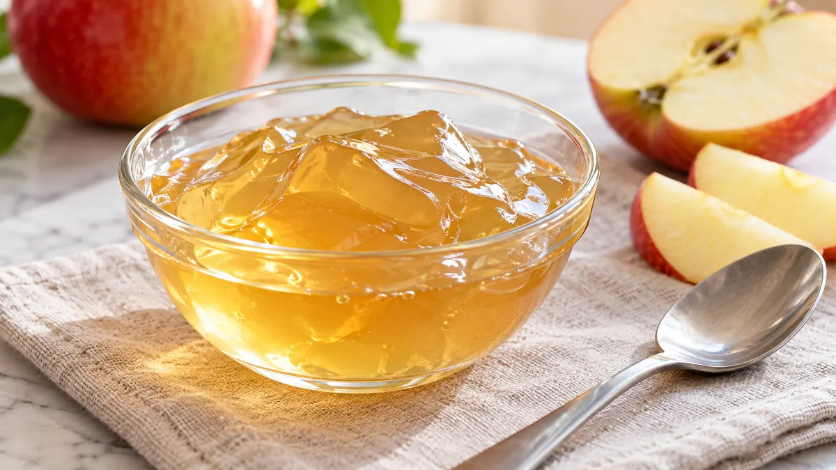 Illustration of pale golden fruit jelly in a food dessert bowl beside apple slices
