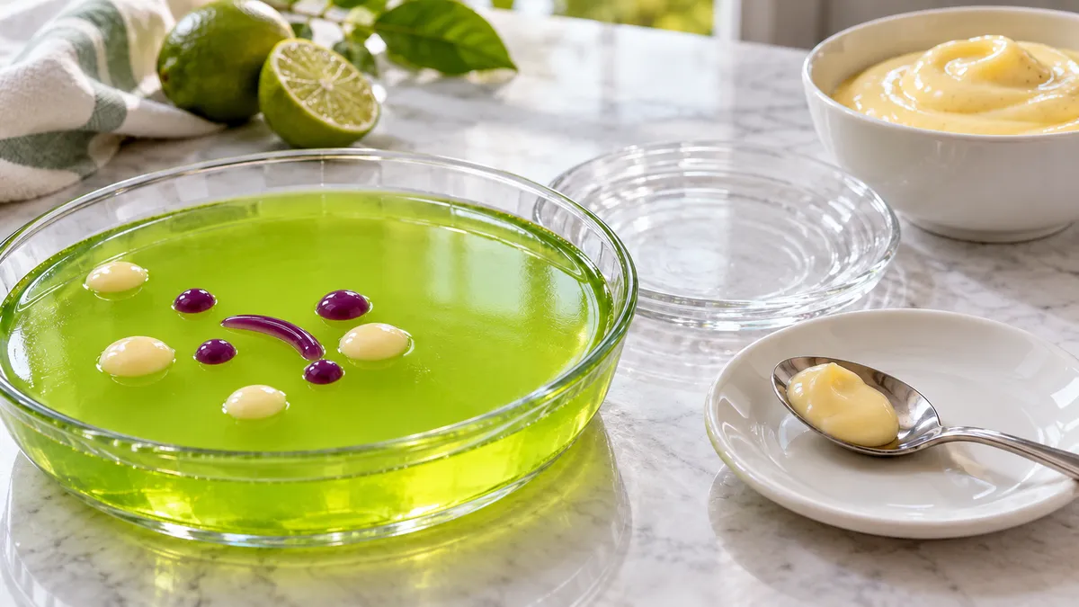 Tiny pudding and purple edible gel decorations on set lime gelatin beside a spoon and pudding bowl