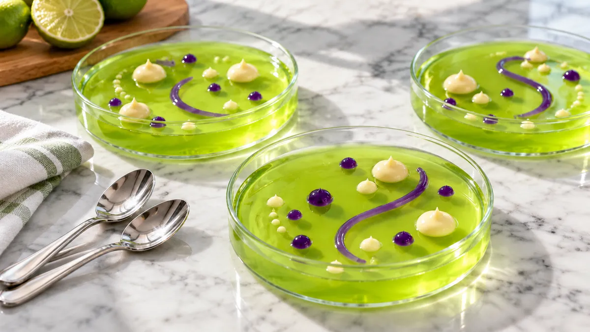 Shallow lime gelatin desserts decorated with tiny pudding dots and purple edible gel