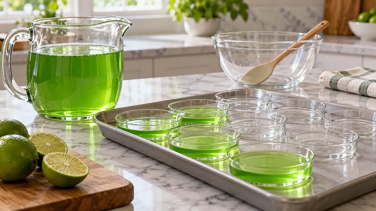 Thin layers of lime gelatin in shallow clear dishes beside a pouring jug