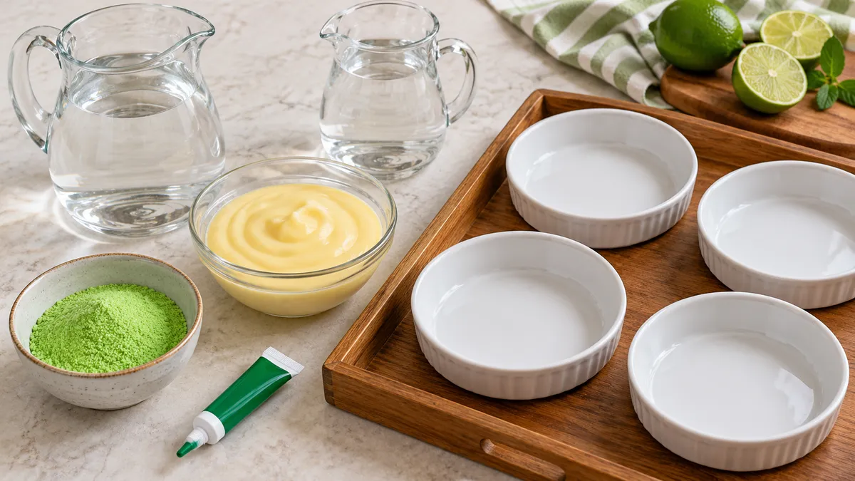 Lime gelatin powder, water, vanilla pudding, food decorating gel and shallow serving bowls