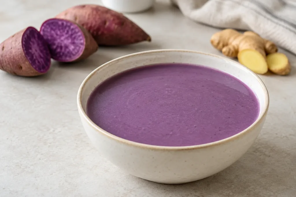Smooth purple sweet potato soup in a ceramic bowl with purple sweet potatoes and ginger