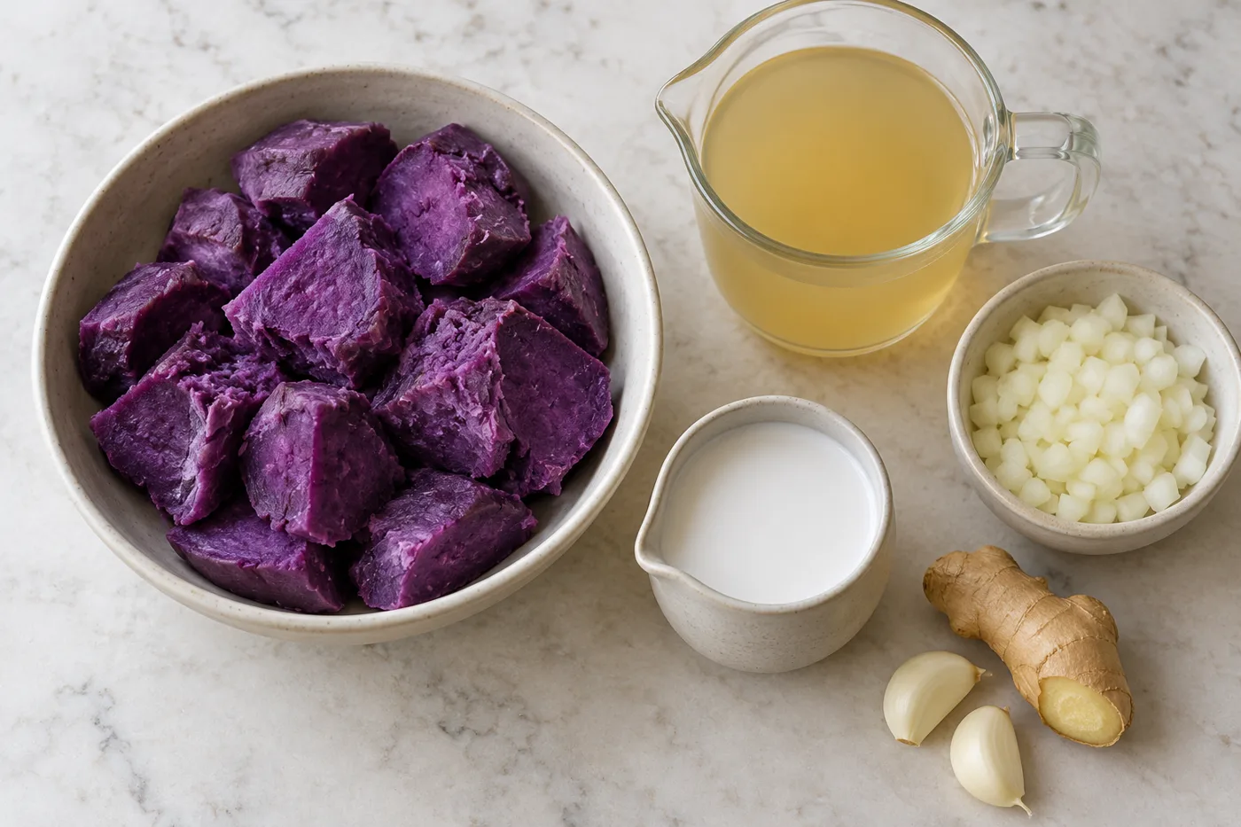 Cooked purple sweet potato, coconut milk, broth, onion, ginger and garlic arranged for soup