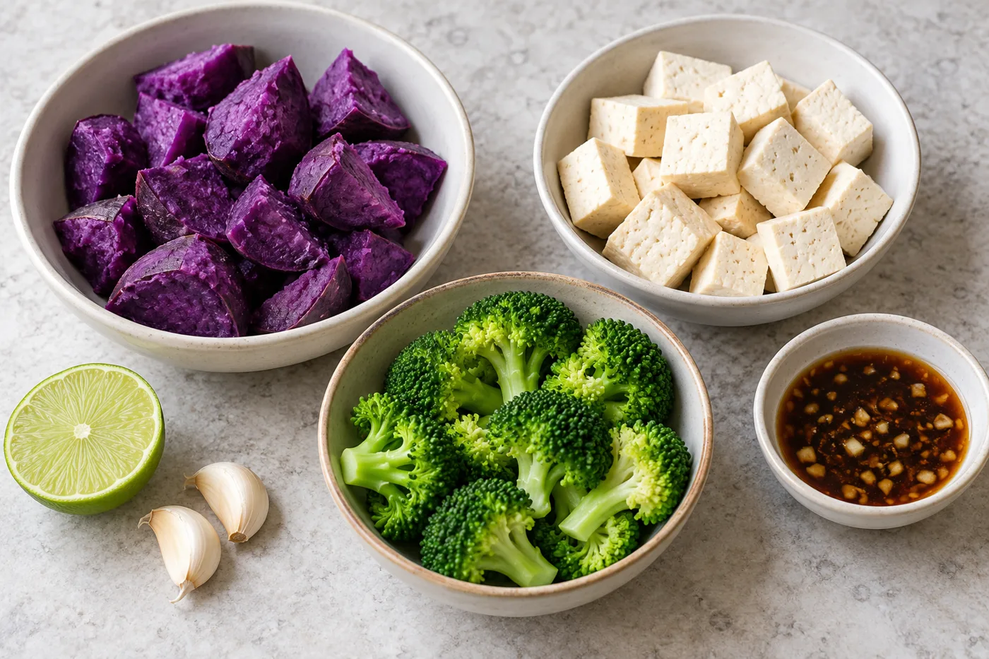 Separate bowls of purple yam, tofu, broccoli and lime-soy dressing