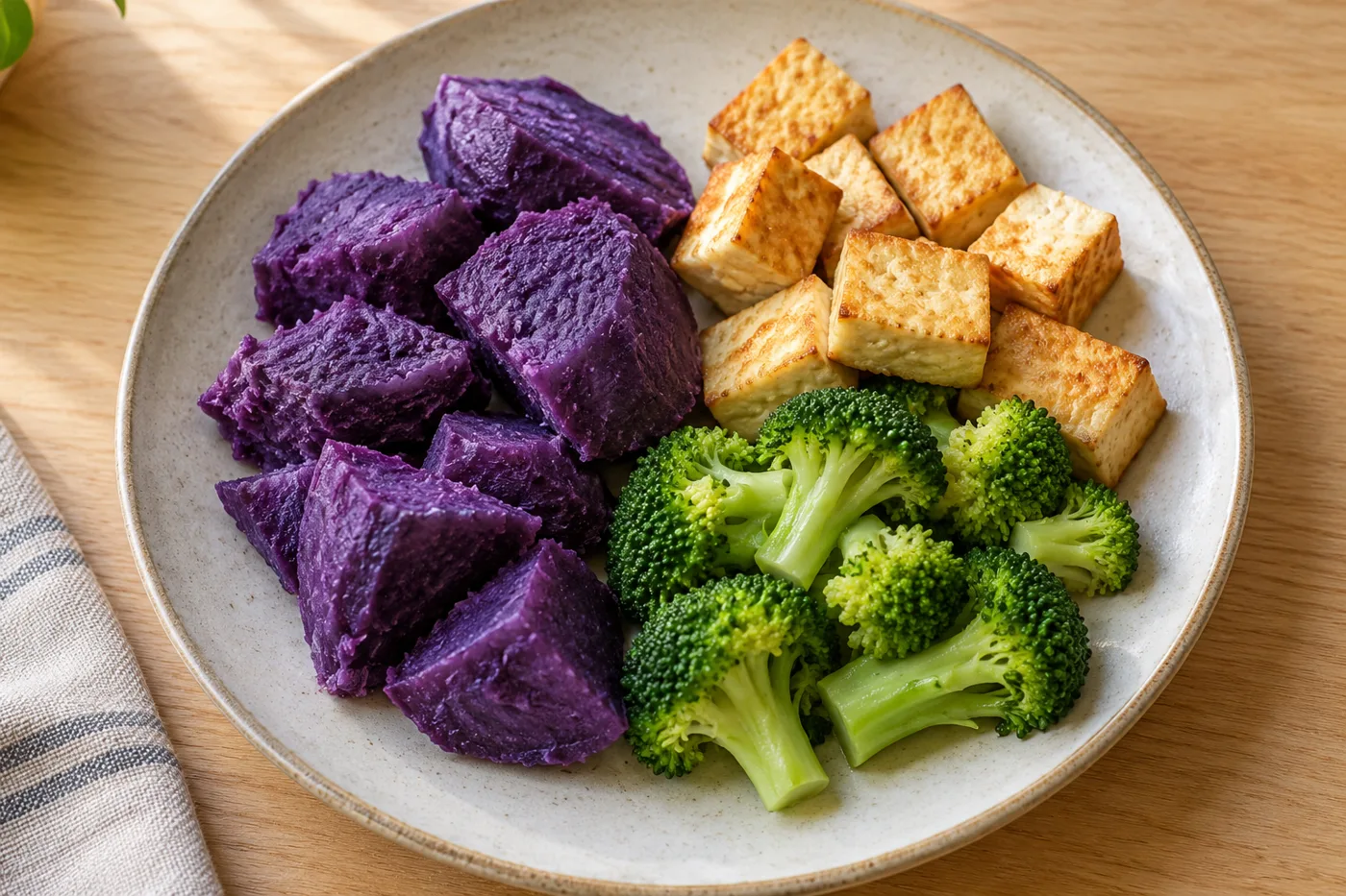 Cooked purple yam served with tofu cubes and broccoli on a plate