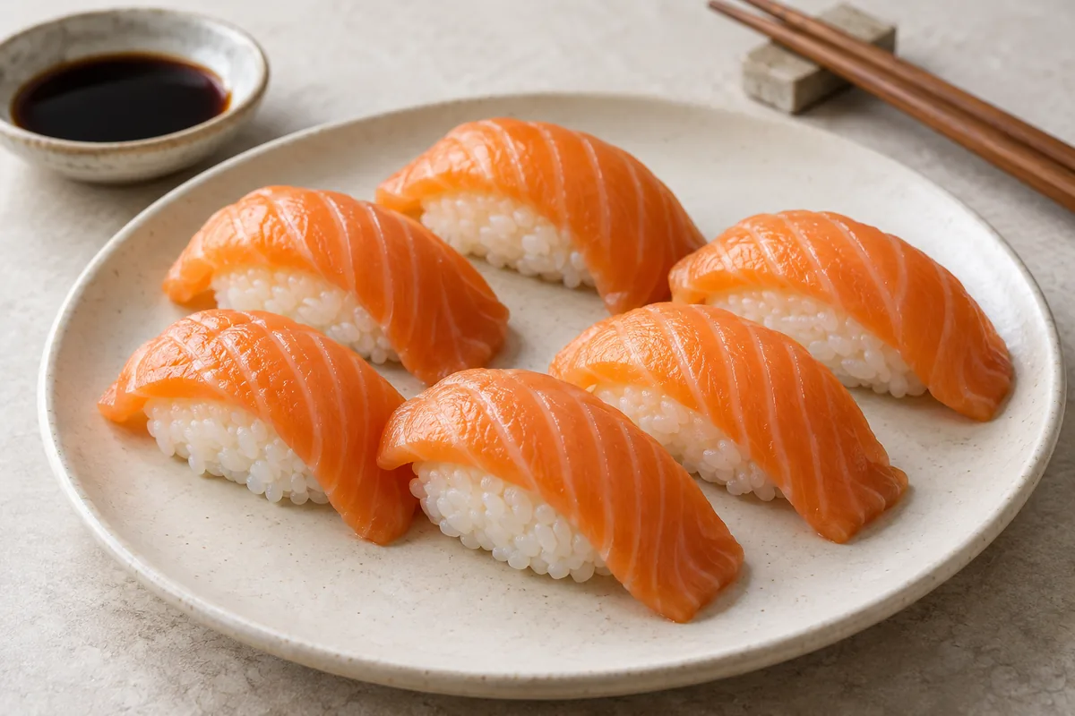 Salmon nigiri pieces with orange salmon slices over seasoned sushi rice on a ceramic plate