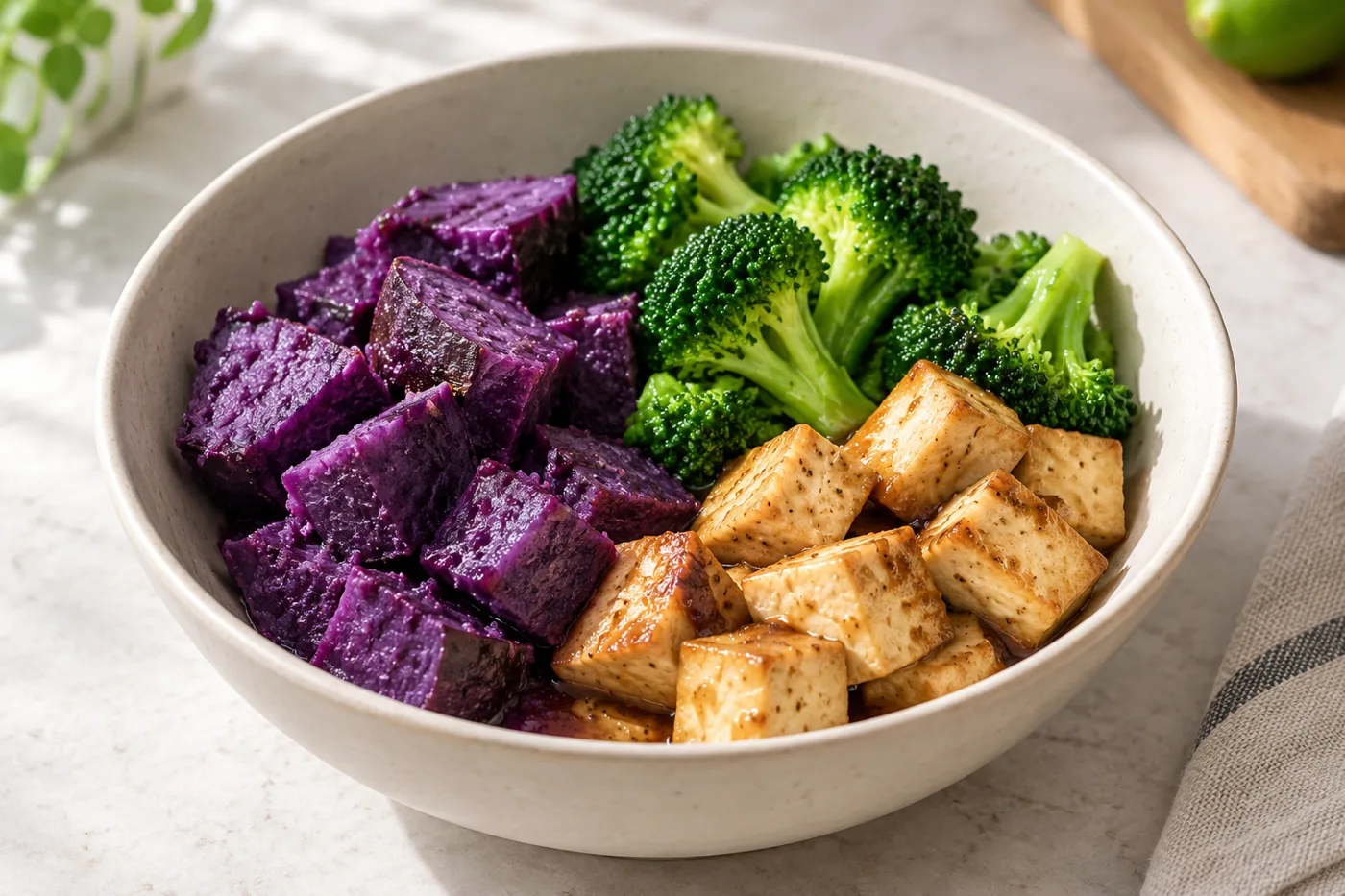 Savory bowl of cooked purple yam, browned tofu cubes and broccoli