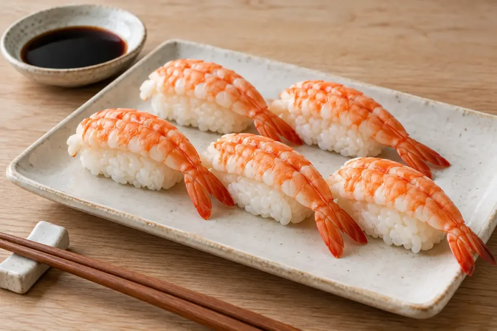 Cooked butterfly shrimp over sushi rice on a rectangular ceramic plate