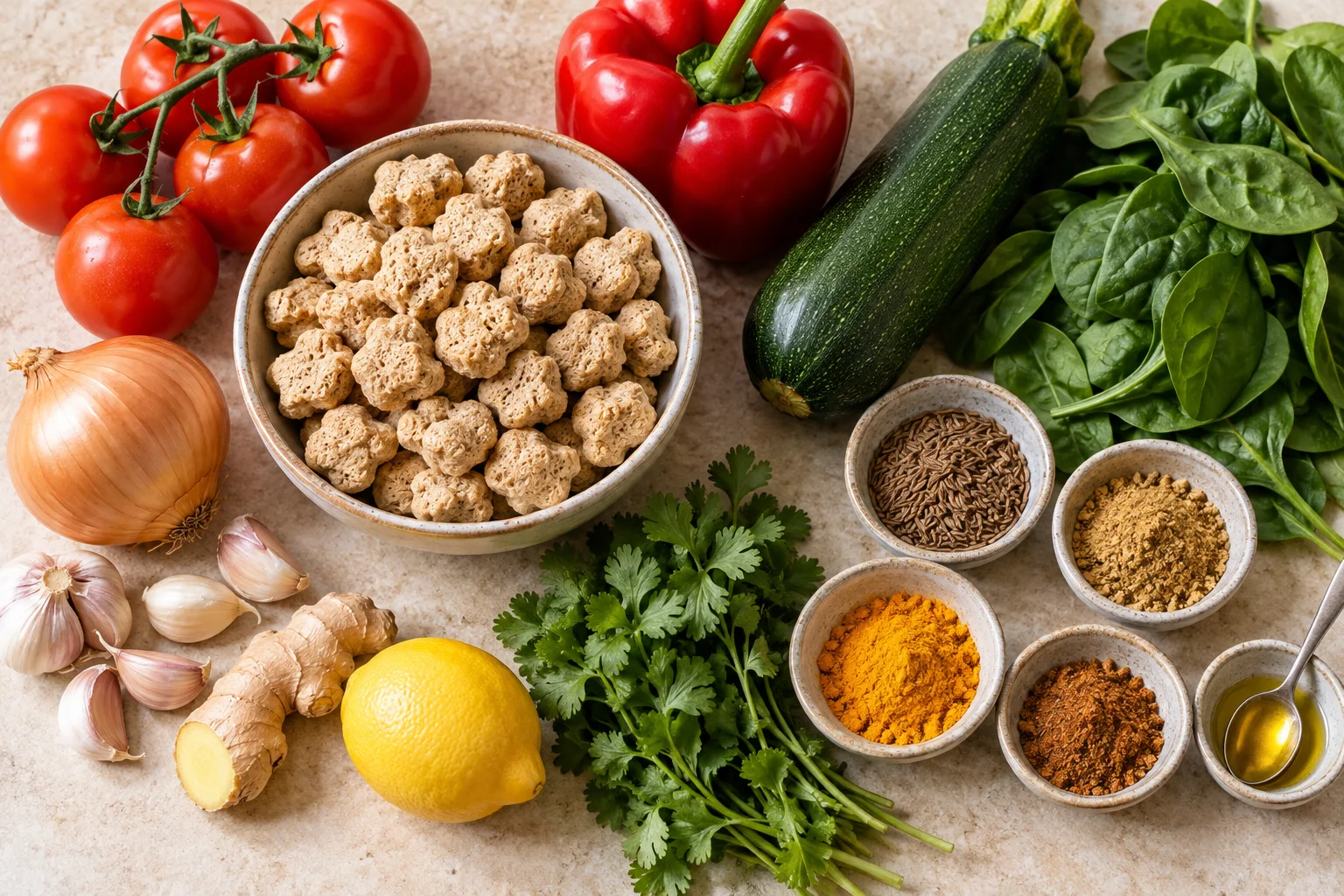 Dry soya chunks with tomatoes, red pepper, zucchini, spinach, garlic, ginger and Indian spices