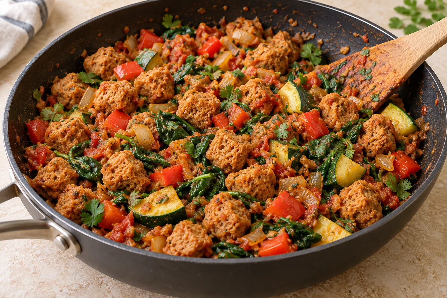 Soya chunks cooking in a skillet with tomato masala, red pepper, zucchini and spinach