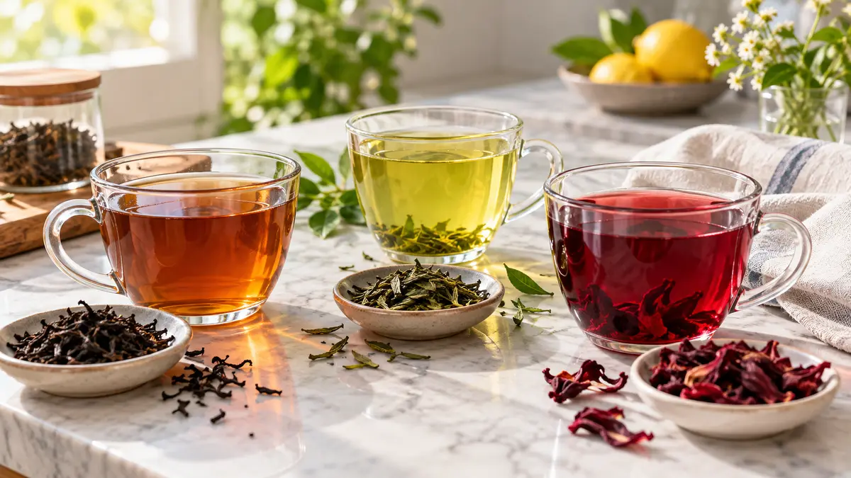 Black tea, green tea and hibiscus infusion in clear cups on a kitchen counter