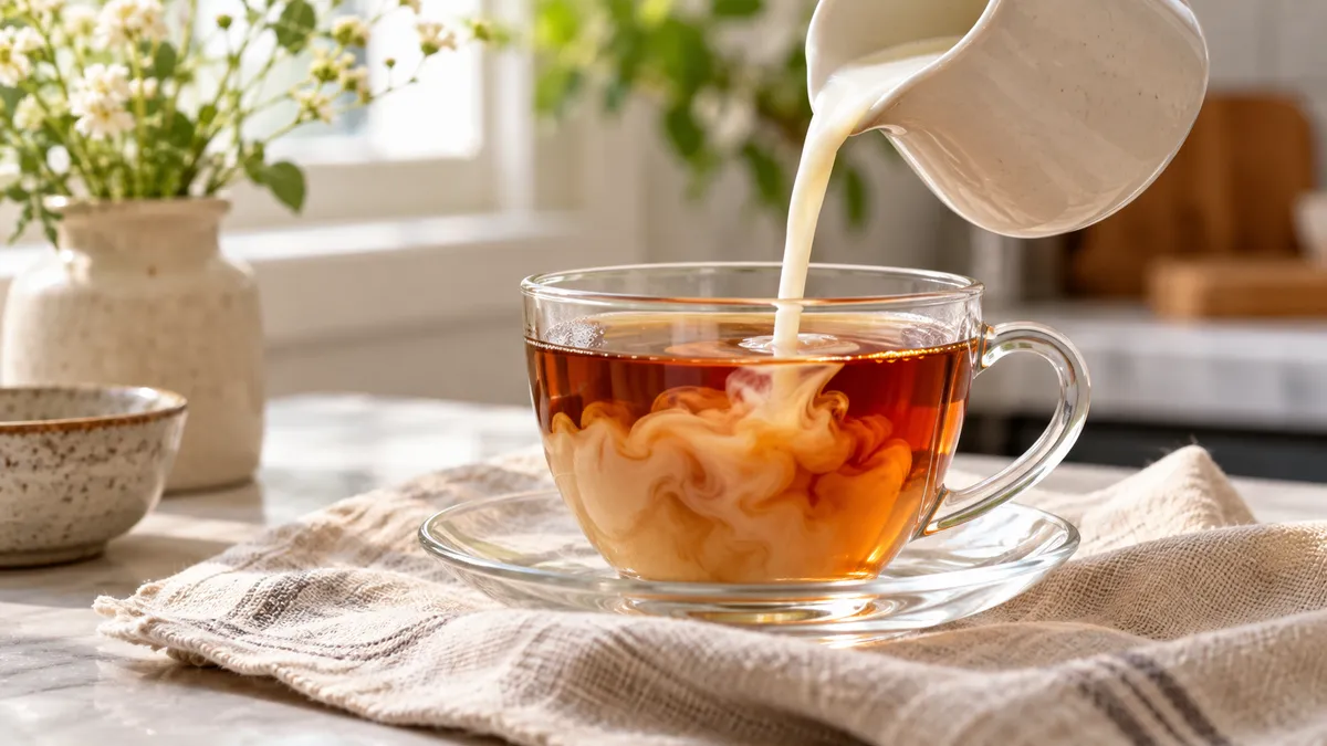 Milk being poured into a clear cup of brewed black tea