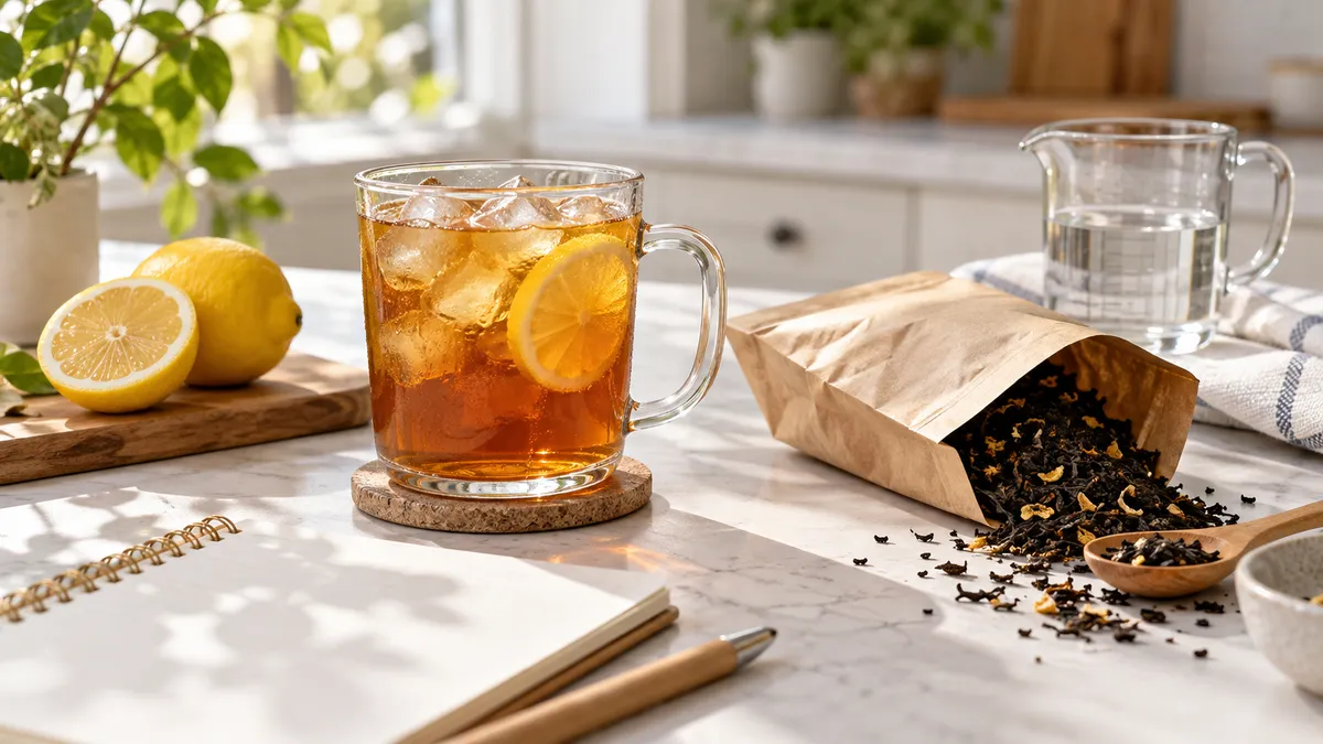 Iced tea with lemon beside loose leaves, a water jug and a blank notebook