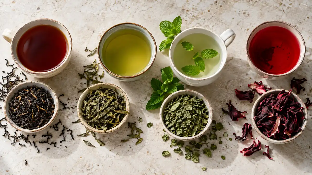 Four cups of black tea, green tea, peppermint infusion and hibiscus infusion beside their leaves