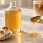 Illustration of amber toasted marshmallow syrup in a glass bottle beside an iced latte